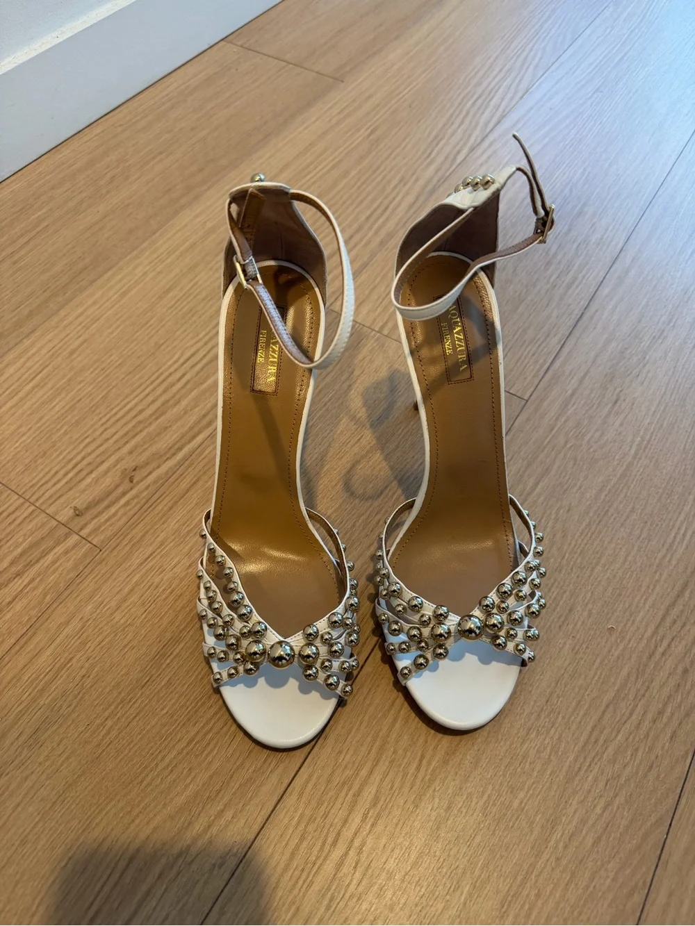 Aquazzura White Studded Strappy High Heel Sandals